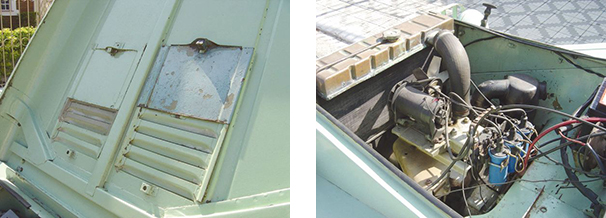 As saídas de ar no capô podiam ser fechadas, evitando a entrada de água no motor / Grande cofre guarda um pequeno motor de três cilindros invocado e raçudo pelo porte